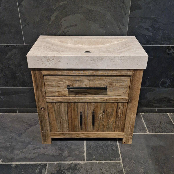 Badezimmerschrank aus recyceltem Teakholz, handgefertigter Unterschrank mit zwei Türen und glattem Travertin-Waschtisch oder Aufsatzwaschbecken, rustikales Design, Maße 86 x 45 x 80 cm, einzigartiges Naturprodukt