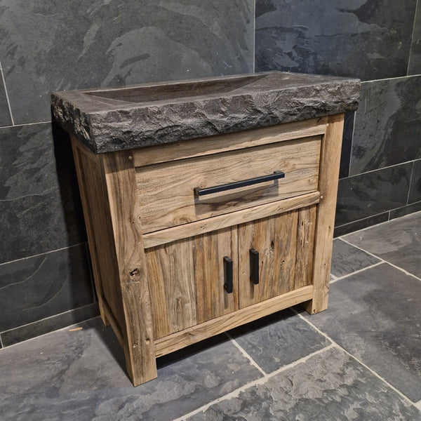 Badezimmerschrank aus recyceltem Teakholz, handgefertigter Unterschrank mit zwei Türen und rohem Blaustein-Waschtisch, rustikales Design, Maße 86 x 45 x 80 cm, einzigartiges Naturprodukt