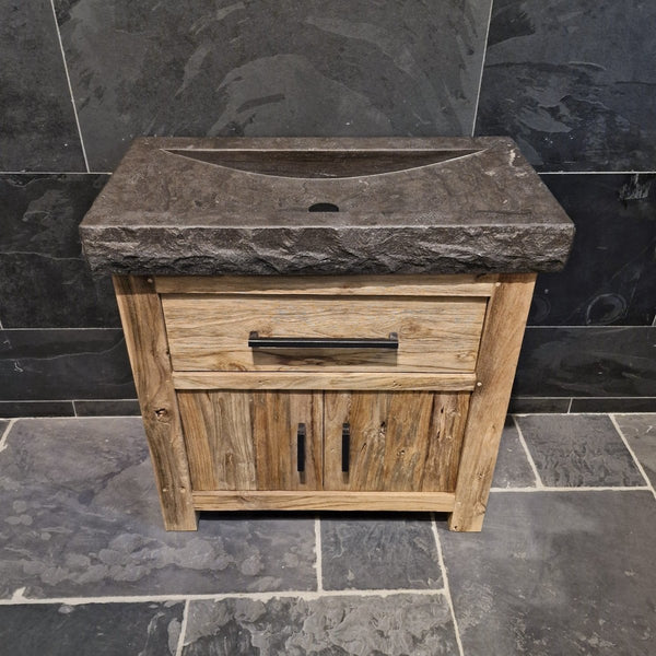 Badezimmerschrank aus recyceltem Teakholz, handgefertigter Unterschrank mit zwei Türen und rohem Blaustein-Waschtisch, rustikales Design, Maße 86 x 45 x 80 cm, einzigartiges Naturprodukt
