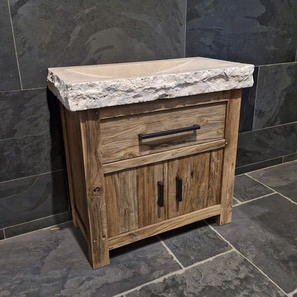 Badezimmerschrank aus recyceltem Teakholz, handgefertigter Unterschrank mit zwei Türen und rohem Travertin-Waschtisch oder Aufsatzwaschbecken, rustikales Design, Maße 86 x 45 x 80 cm, einzigartiges Naturprodukt