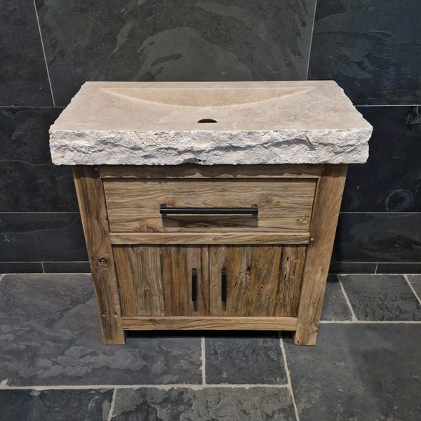 Badezimmerschrank aus recyceltem Teakholz, handgefertigter Unterschrank mit zwei Türen und rohem Travertin-Waschtisch oder Aufsatzwaschbecken, rustikales Design, Maße 86 x 45 x 80 cm, einzigartiges Naturprodukt