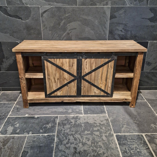 Badezimmerschrank aus recyceltem Teakholz, handgefertigter Unterschrank mit zwei Türen und drei Schubladen, rustikales Sideboard, Maße 150 x 47 x 80 cm, einzigartiges Naturprodukt