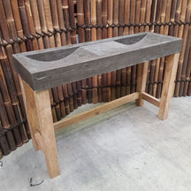 Helles Teak Badezimmermöbel mit Doppelwaschtisch und naturbelassener Oberfläche, 150x47x88 cm, von Denpasar für elegante Badgestaltung
