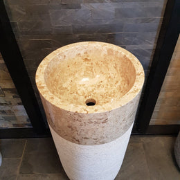  - KRETA Standwaschbecken Marmor cremeweiß und beige rund - 90 x 40 x 40 cm - Badgestaltung | Afrika Naturstein