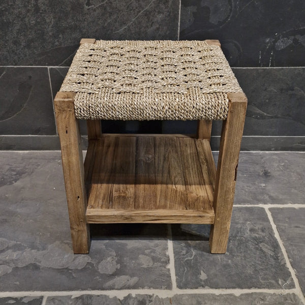  - Bänkchen mit geflochtenem Seegras - 40 x 40 x 45 cm (mit Teakholz) - Badgestaltung | Afrika Naturstein