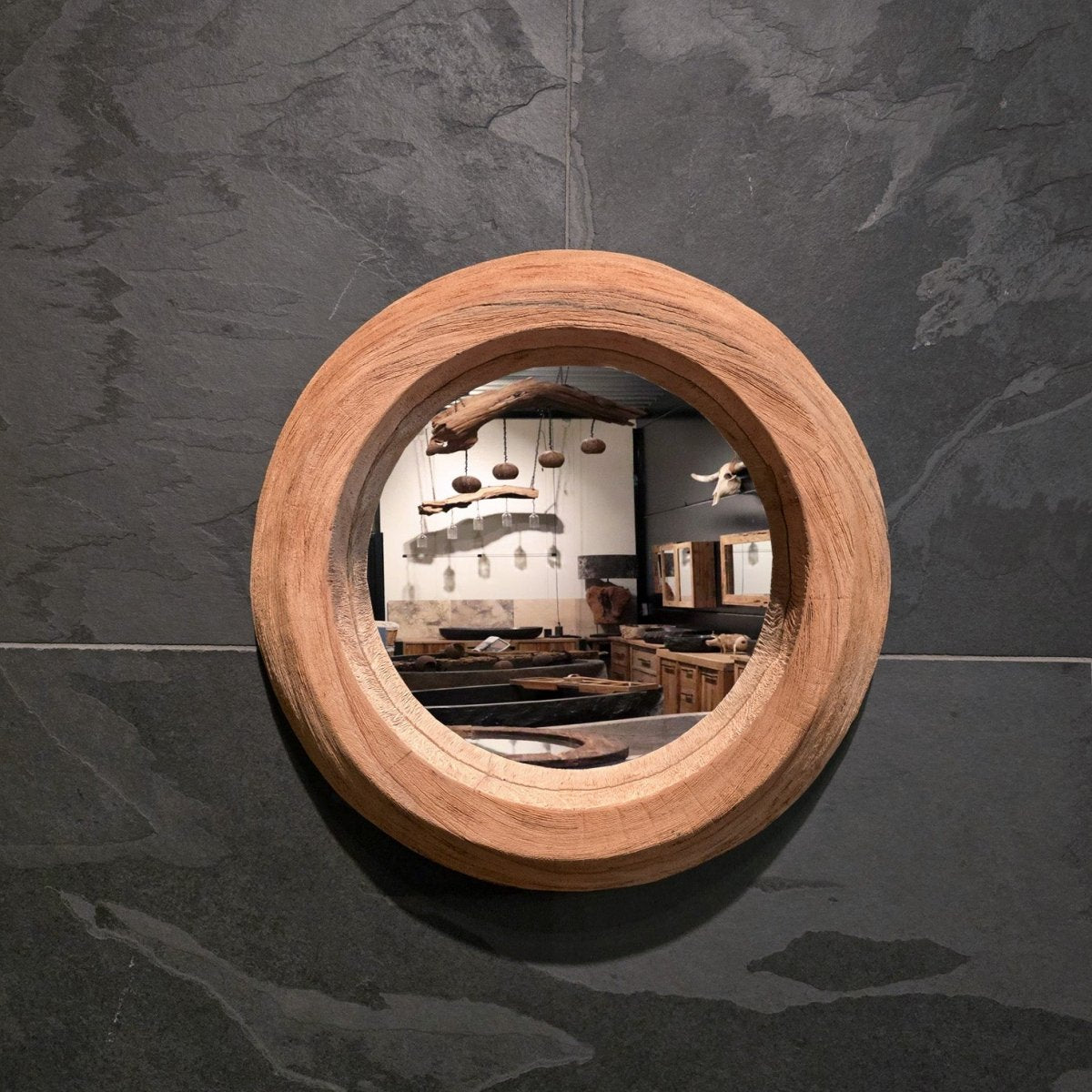 Runder Badspiegel aus recyceltem Teakholz, Durchmesser 40 cm, stilvolle Badgestaltung, WANDSPIEGEL Marke