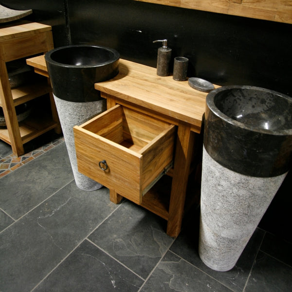 Einzigartige Badkombination aus zwei Marmor Waschbeckensäulen mit Teak Unterschrank - JAMBI Unterschrank mit zwei Standwaschbecken 170 x 40 x 80 cm - Standwaschbecken Lefkas dunkel - Badgestaltung | Afrika Naturstein