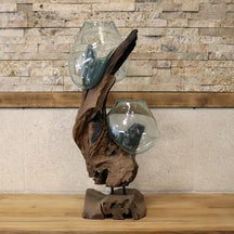 Hochwertige Glasvase mit Teak-Altholz für Badgestaltung, modernes Dekor, elegante Pflanzvase, natürliche Materialien, VASE Marke