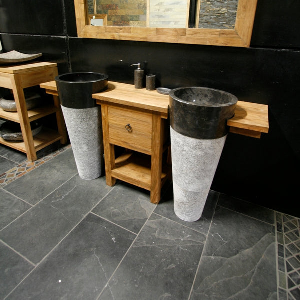 Exklusives Badmöbel mit zwei Standwaschbecken aus Marmor - JAMBI Unterschrank mit zwei Standwaschbecken 170 x 40 x 80 cm - Standwaschbecken Lefkas dunkel - Badgestaltung | Afrika Naturstein