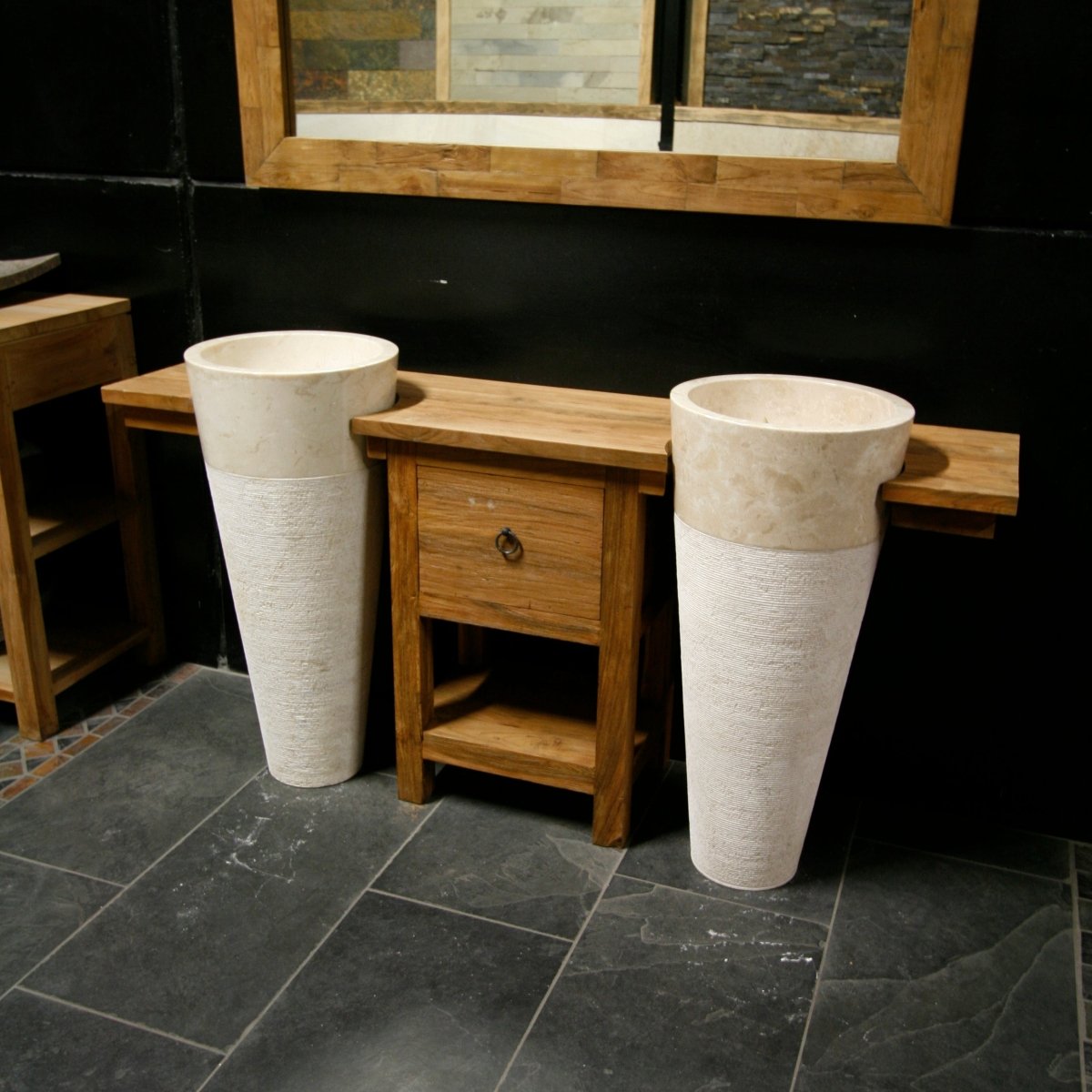 Jambi Badmöbel mit zwei Standwaschbecken aus massivem Teakholz, 170x40x80 cm, moderne Badgestaltung