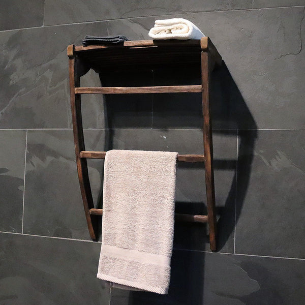  - Wandregal Handtuchleiter Teakholz 50 x 25 x 70cm - Dunkel (gebrannt) - Badgestaltung | Afrika Naturstein