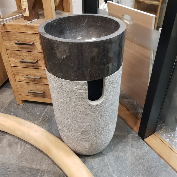 Naturstein Standwaschbecken Waschbeckensaeule Marmor - KRETA Standwaschbecken Marmor grau und schwarz rund - 90 x 40 x 40 cm - Badgestaltung | Afrika Naturstein