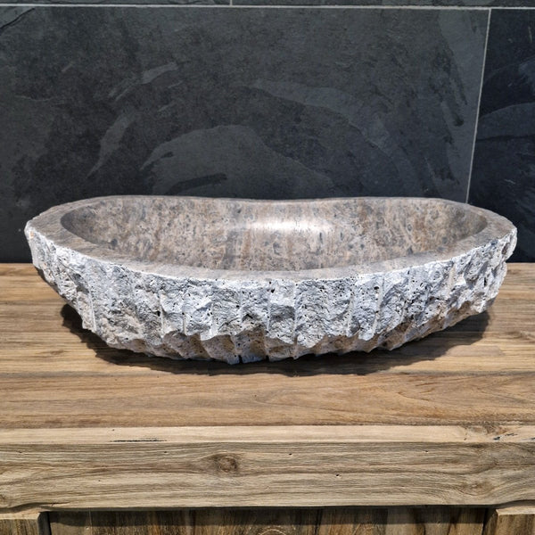  - WAVE | Waschbecken | Silber Travertin roh - 60 x 40 x 13 - 15 cm - Badgestaltung | Afrika Naturstein