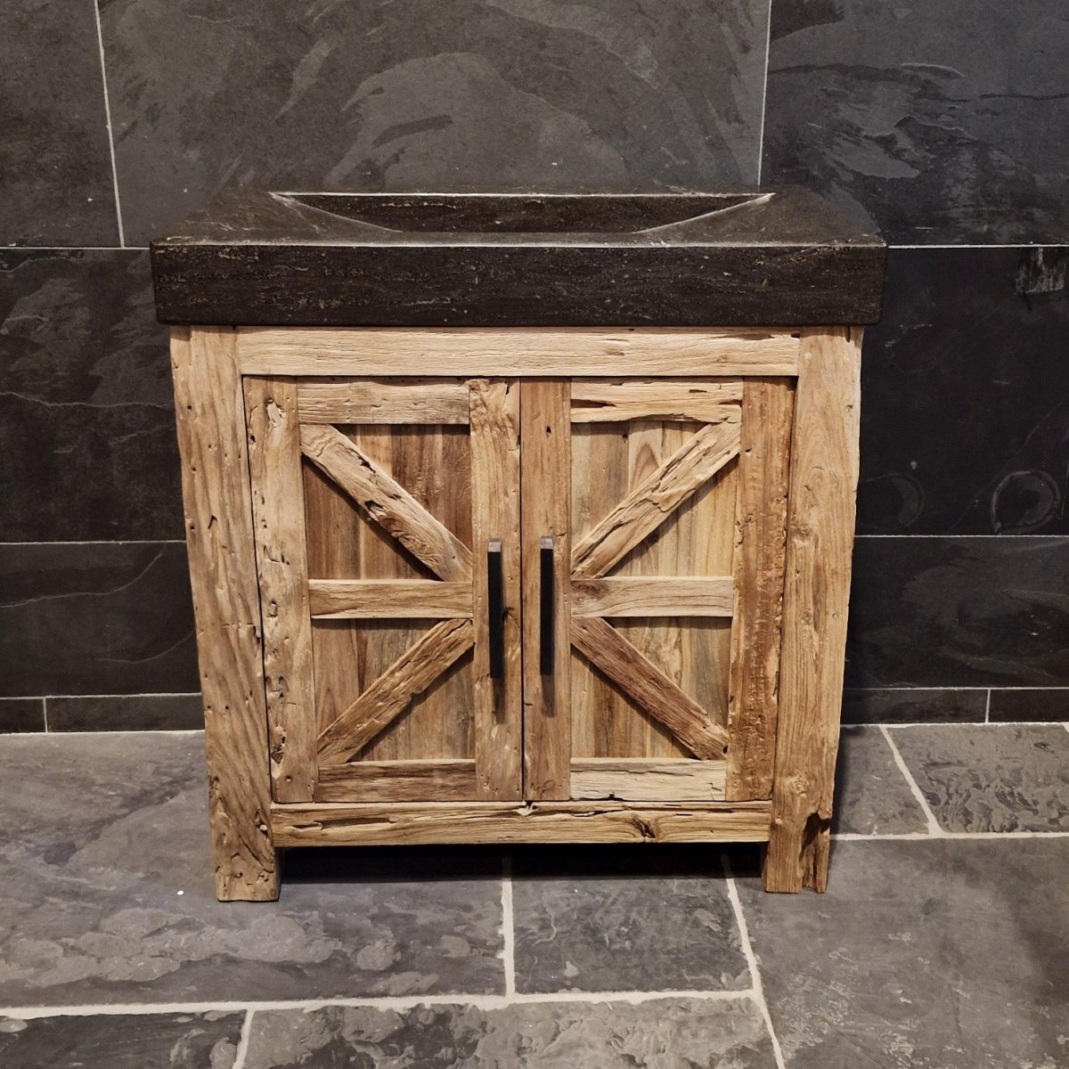 Lombok Teakholz Unterschrank mit Waschtisch, schlichtes Naturdesign, für Badgestaltung, robustes Holz, eleganter Waschtisch.