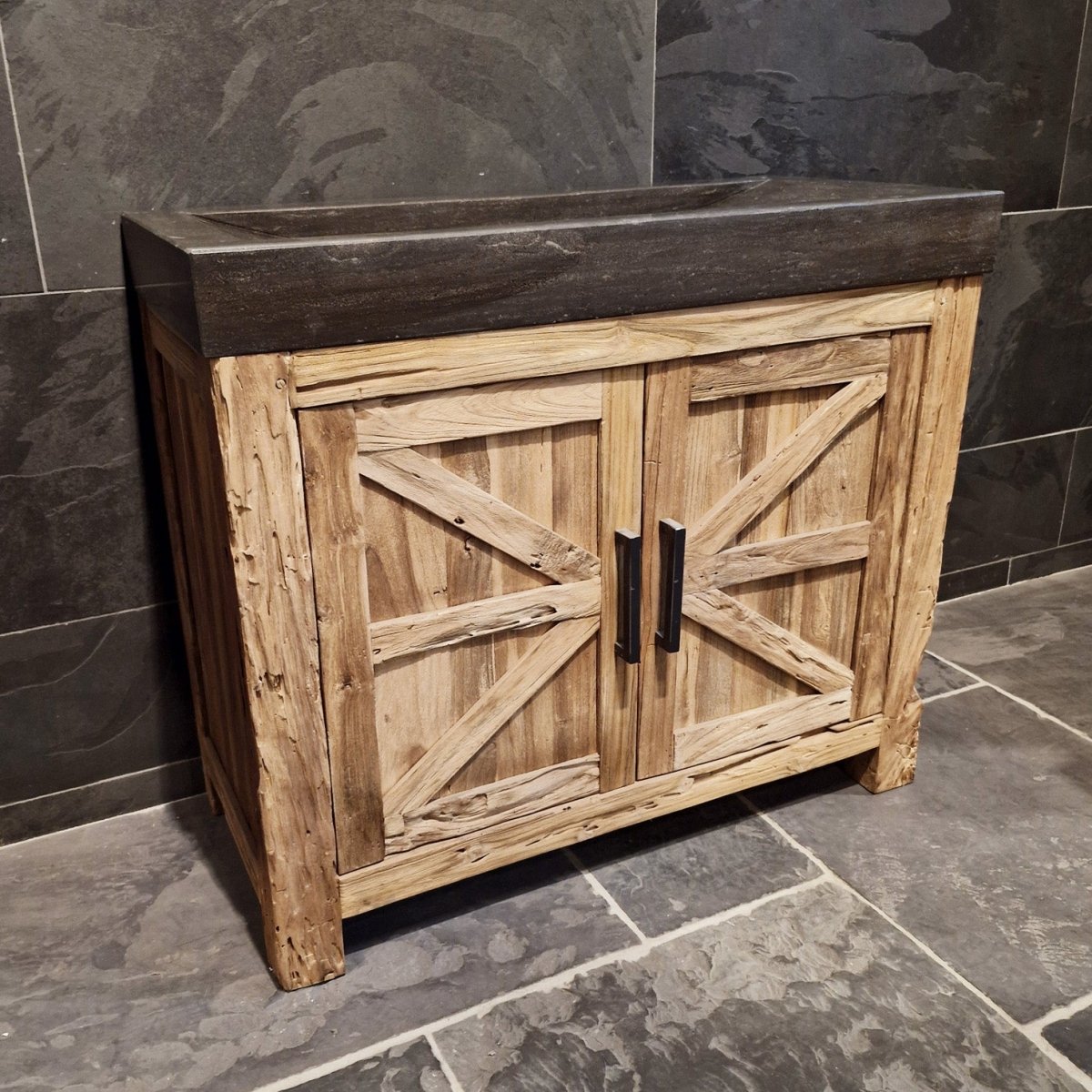 Lombok Teakholz-Unterschrank mit Waschtisch für Badgestaltung, schlichtes Naturdesign, sichtbare Holzmaserung, modern und elegant