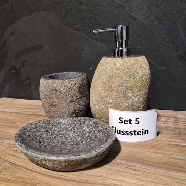  - Seifenspender set aus Flussstein 3 - teilig - Set 5 - Badgestaltung | Afrika Naturstein