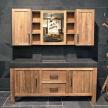 Badmöbel Set mit Waschtisch und Spiegelschrank aus Teakholz, natürliches Design von MADURA, für stilvolle Badgestaltung.