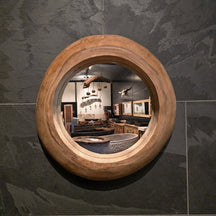 Runder Badspiegel aus recyceltem Teakholz mit 55 cm Durchmesser und 7 cm Tiefe, modernes Badgestaltungselement