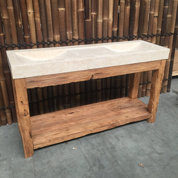 Unterschrank aus Teak Altholz mit Naturstein Doppelwaschbecken - DENPASAR Untertisch mit Doppelwaschtisch MILAN - 152 x 48 x 10 cm Travertin glatt - Badgestaltung | Afrika Naturstein
