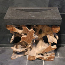 Badezimmermöbel mit Waschtisch aus Teakholz und Blaustein, Badgestaltung von WURZELHOLZ KONSOLE, moderne Badmöbel Kombination