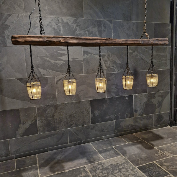  - Hängelampe GLAS Teakholz - 172 x 24 x 55 cm - 5 Lampen - Badgestaltung | Afrika Naturstein