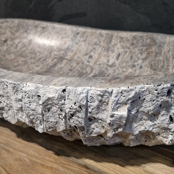  - WAVE | Waschbecken | Silber Travertin roh - 60 x 40 x 13 - 15 cm - Badgestaltung | Afrika Naturstein