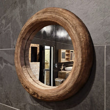 Runder Badspiegel aus recyceltem Teakholz, 55 cm Durchmesser, stilvolle Badgestaltung mit WANDSPIEGEL