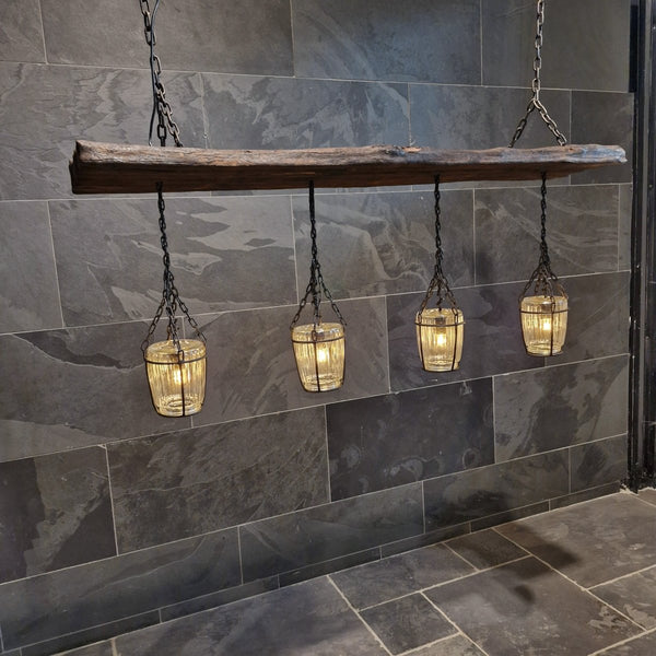  - Hängelampe GLAS Teakholz - 140 x 29 x 55 cm - 4 Lampen - Badgestaltung | Afrika Naturstein