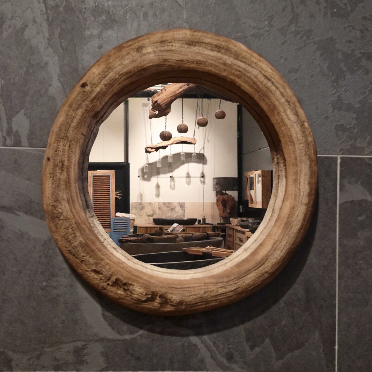 Recycelter Badspiegel aus Teakholz, Durchmesser 55 cm, für moderne Badgestaltung, von WANDSPIEGEL