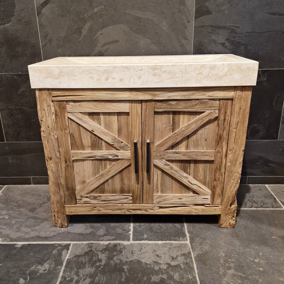 Moderner Unterschrank aus Teakholz mit Waschtisch, elegantes Badmöbel von Lombok im natürlichen Design