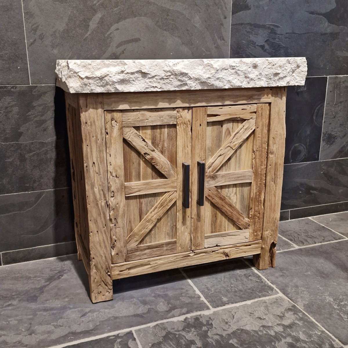 Lombok Teakholz-Unterschrank mit Waschtisch, elegantes Badmöbel in natürlichem Design, robuste Holzoberfläche, stilvolle Badgestaltung