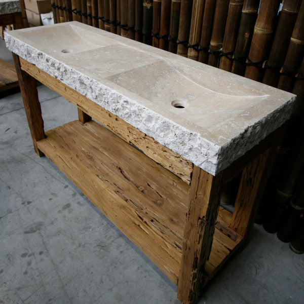  - DENPASAR Untertisch mit Doppelwaschtisch MILAN - 152 x 48 x 10 cm Travertin glatt - Badgestaltung | Afrika Naturstein