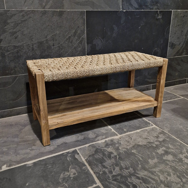  - Bänkchen mit geflochtenem Seegras - 90 x 40 x 45 cm (mit Teakholz) - Badgestaltung | Afrika Naturstein