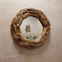 Runder Badspiegel aus recyceltem Teakholz mit 70 cm Durchmesser, stilvolle Wandgestaltung, WURZELHOLZ.