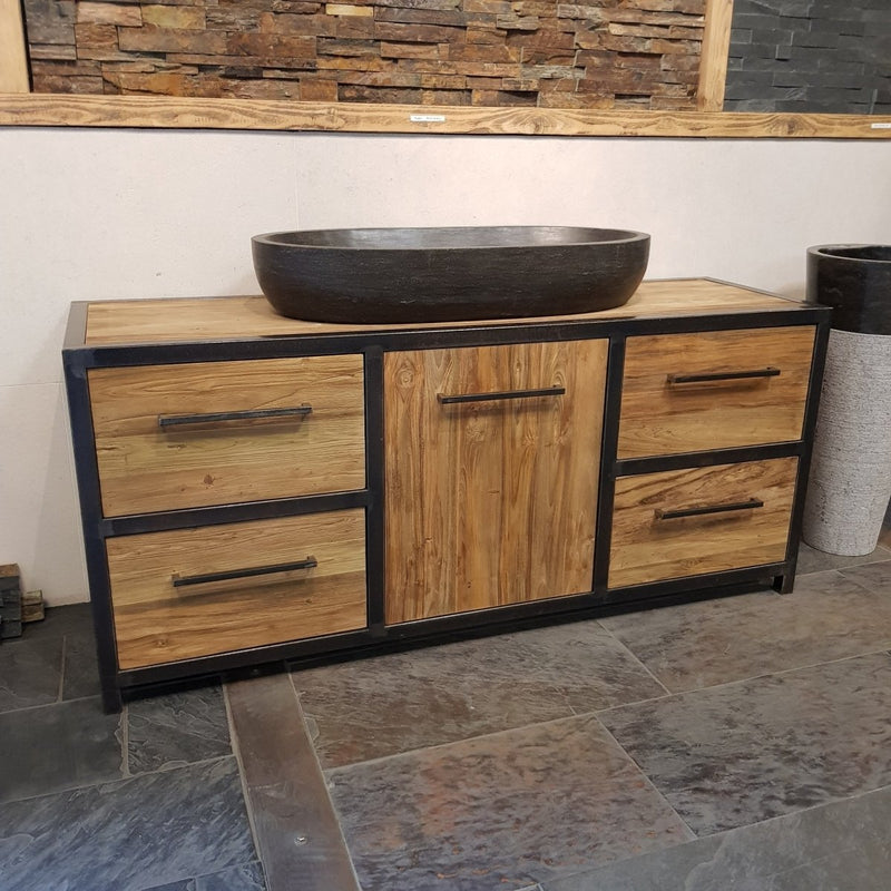 Chabby Chic Waschbeckenunterschrank industriell aus Recycle - Teak mit Eisenapplikationen - METAL LOOK 1 Sideboard 180 x 55 x 80 cm - Badgestaltung | Afrika Naturstein