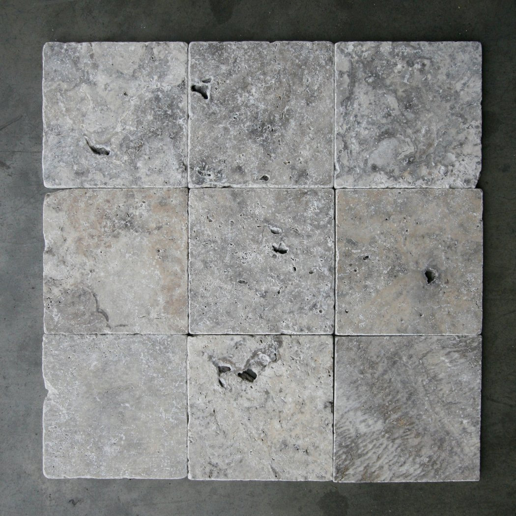 Getrommelte Travertin Fliesen von TRAVERTIN SILVER, natursteinartige Oberfläche, ideal für Boden- und Wandbeläge.