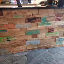 Holzverblender aus Teakholz mit bunten Farben, dekoratives Wandpaneel, INDO Markenprodukt, elegante Holzverblendung