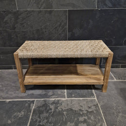  - Bänkchen mit geflochtenem Seegras - 90 x 40 x 45 cm (mit Teakholz) - Badgestaltung | Afrika Naturstein