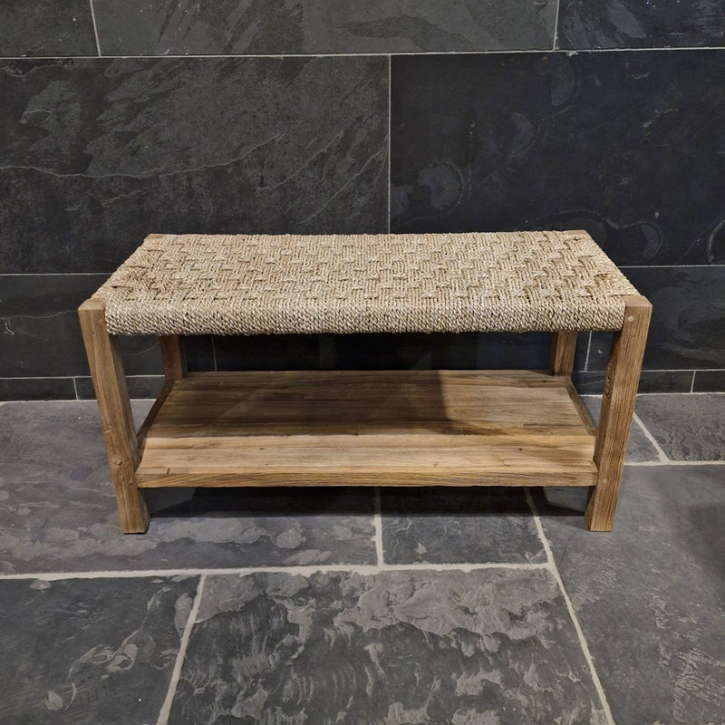  - Bänkchen mit geflochtenem Seegras - 90 x 40 x 45 cm (mit Teakholz) - Badgestaltung | Afrika Naturstein