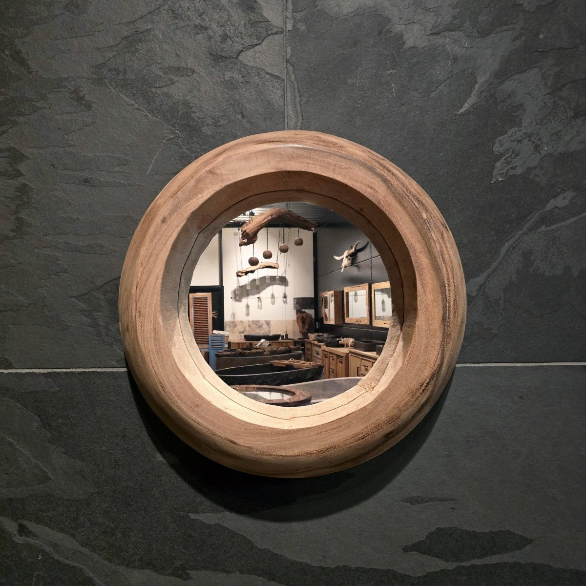 Runder Badspiegel aus recyceltem Teakholz, 40 cm Durchmesser, stilvolle Badgestaltung, WANDSPIEGEL Marke