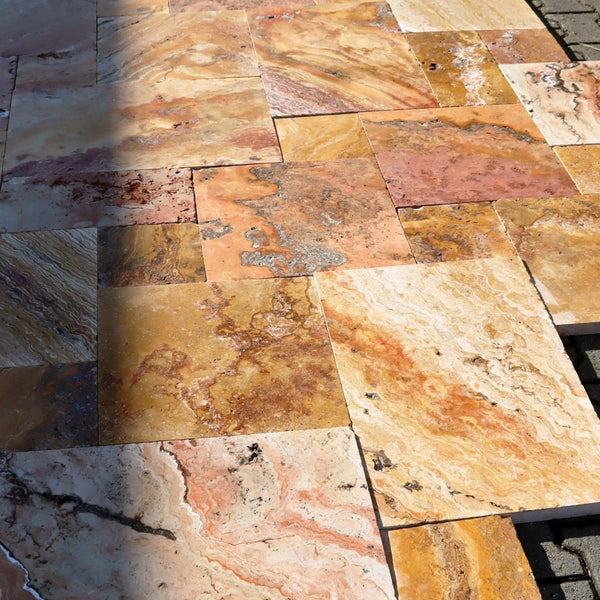  - Muster | Terrassenplatten | TRAVERTIN SCABAS ANTIK GOLD - ca. 15 - 20 x 15 - 20 cm - Muster | Afrika Naturstein