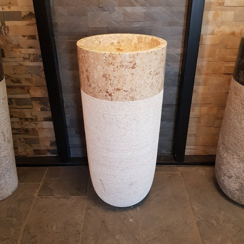 KRETA Standwaschbecken Marmor cremeweiß und beige rund - 90 x 40 x 40 cm - Badgestaltung | Afrika Naturstein