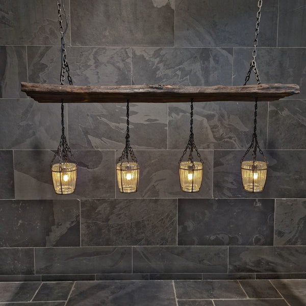  - Hängelampe GLAS Teakholz - 140 x 29 x 55 cm - 4 Lampen - Badgestaltung | Afrika Naturstein