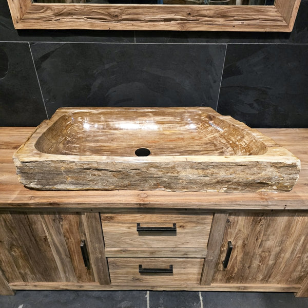 Wasbak van versteend hout | Natuursteen | Unieke stukken | 100-120 cm