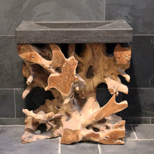 Badezimmermöbel mit Waschtisch Bilbao aus Teakholz und Blaustein, moderne Badgestaltung von WURZELHOLZ KONSOLE