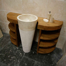 Badschrank mit Standwaschbecken von Aceh, aus Teak und Naturstein, Maße 140x45x83 cm, stilvolle Badgestaltung.
