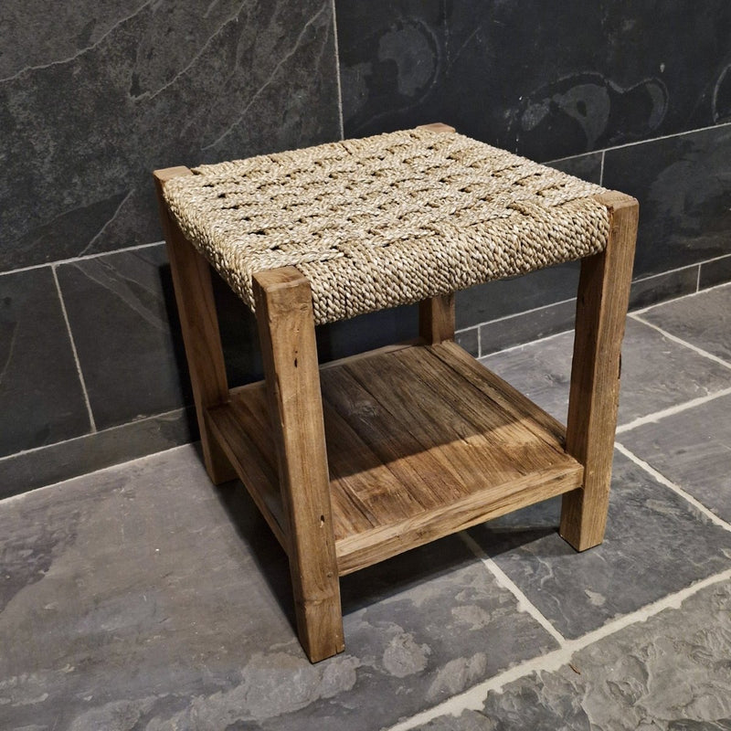 - Bänkchen mit geflochtenem Seegras - 40 x 40 x 45 cm (mit Teakholz) - Badgestaltung | Afrika Naturstein