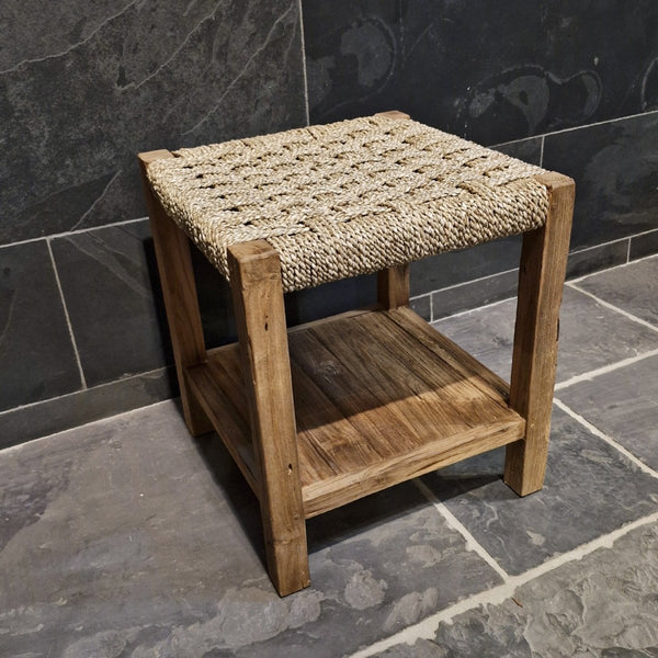  - Bänkchen mit geflochtenem Seegras - 40 x 40 x 45 cm (mit Teakholz) - Badgestaltung | Afrika Naturstein