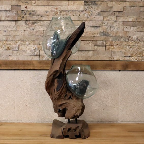Glasvase mit Teak-Altholz für Badgestaltung, moderne Dekoration, elegante Vase aus Glas und recyceltem Holz