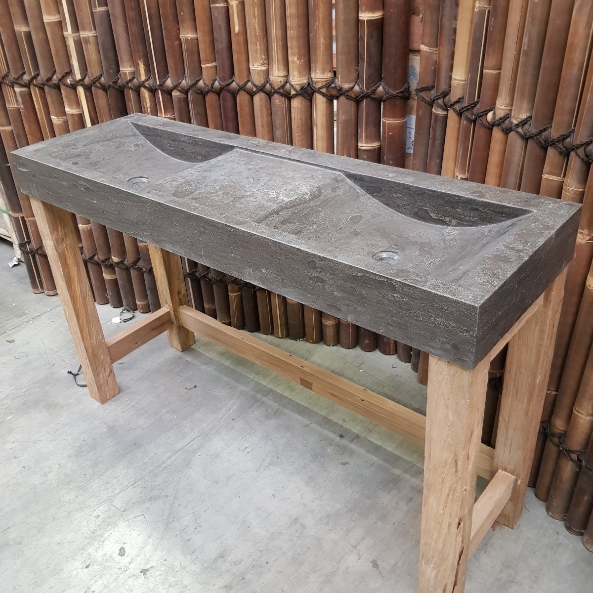 Teak Badezimmermöbel mit Doppelwaschtisch, naturfarben, 150x47x88 cm, elegante Badgestaltung von Denpasar